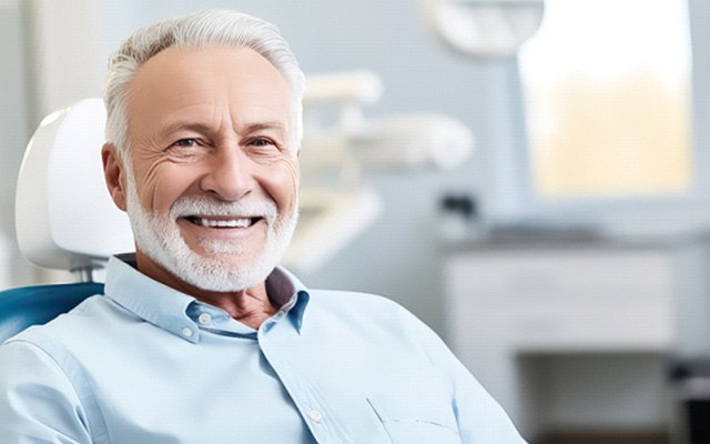 Older man wearing dentures and visiting the dentist’s office