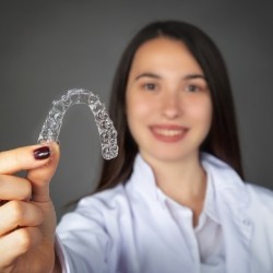 Woman holding an Invisalign clear aligner